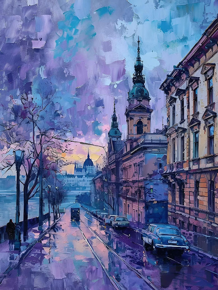 Budapest Castle Rainy Night in Fragmented Oil Painting: 3D Relief Effect