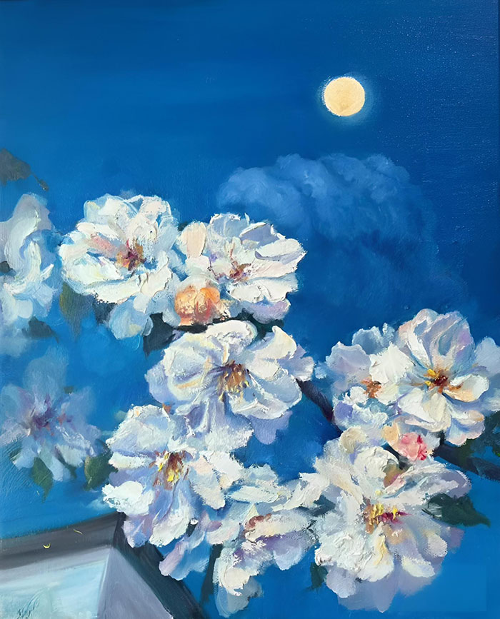 The white peony under the moonlit night