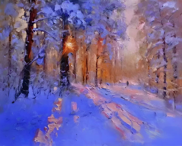 The snow scenery at dusk in winter