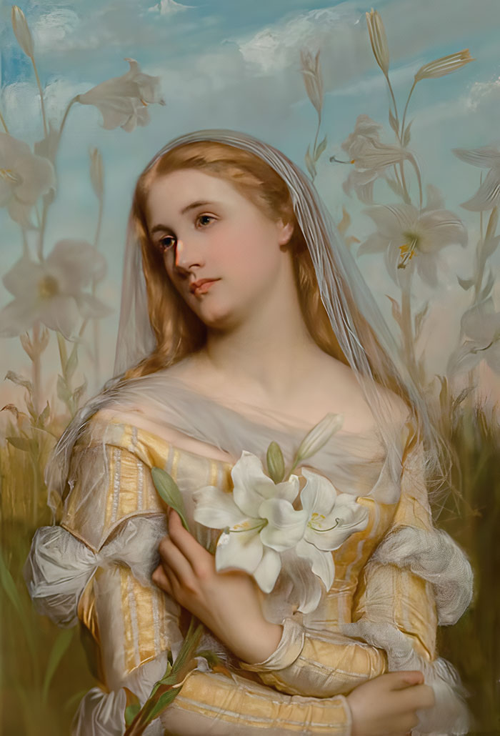 The Holy Image in Religious Oil Painting - A Young Woman Holding a Lily Flower